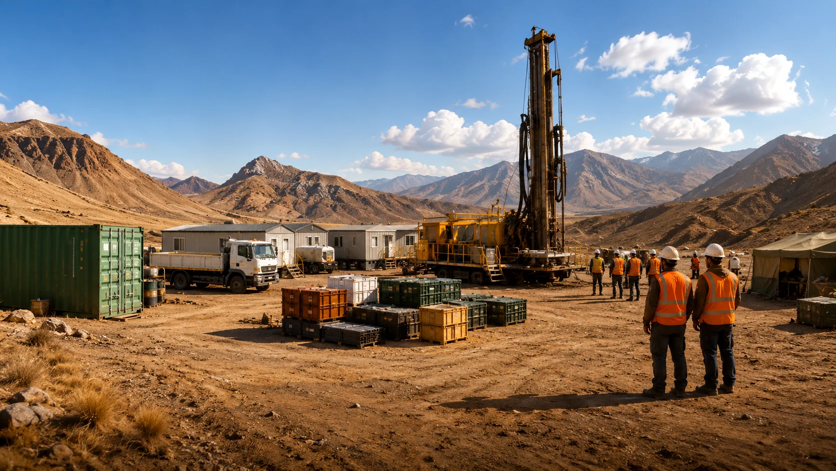 Exploration drilling site with support crew
